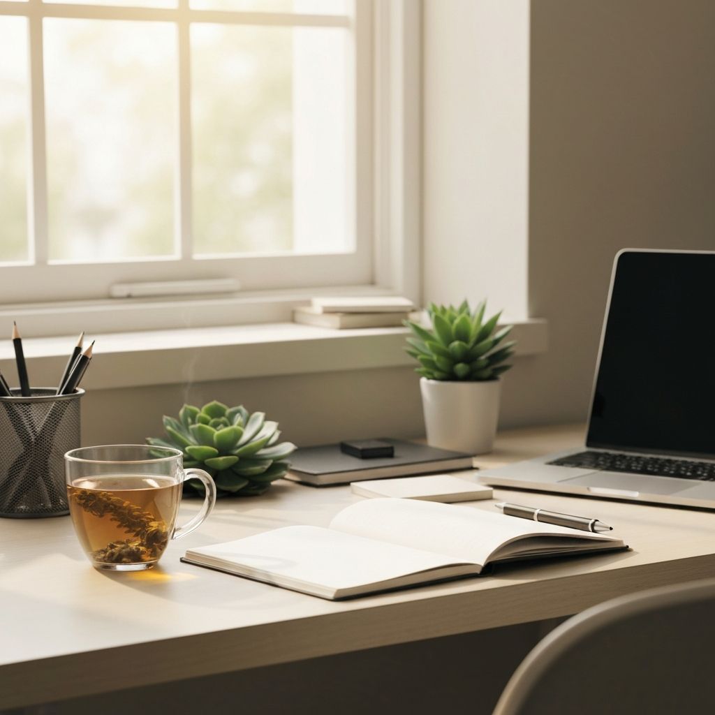 Workspace with contact information and tea